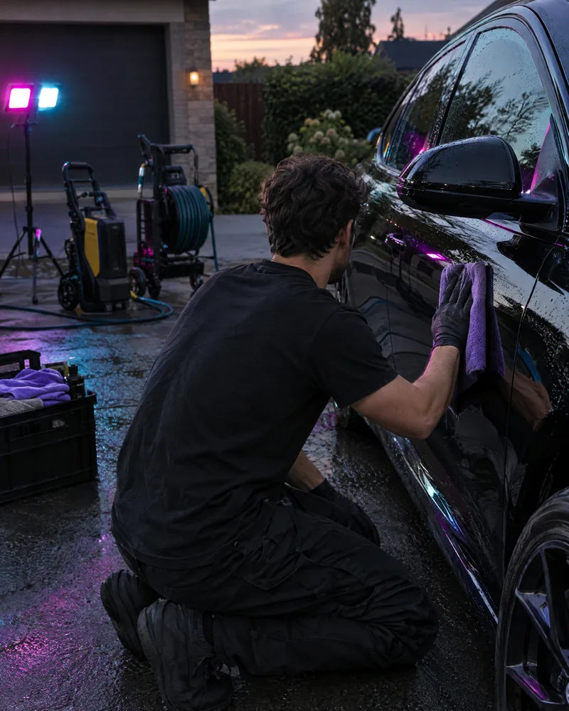 A detailer polishing a black car by hand at dusk, lights and pressure washer set up in the driveway