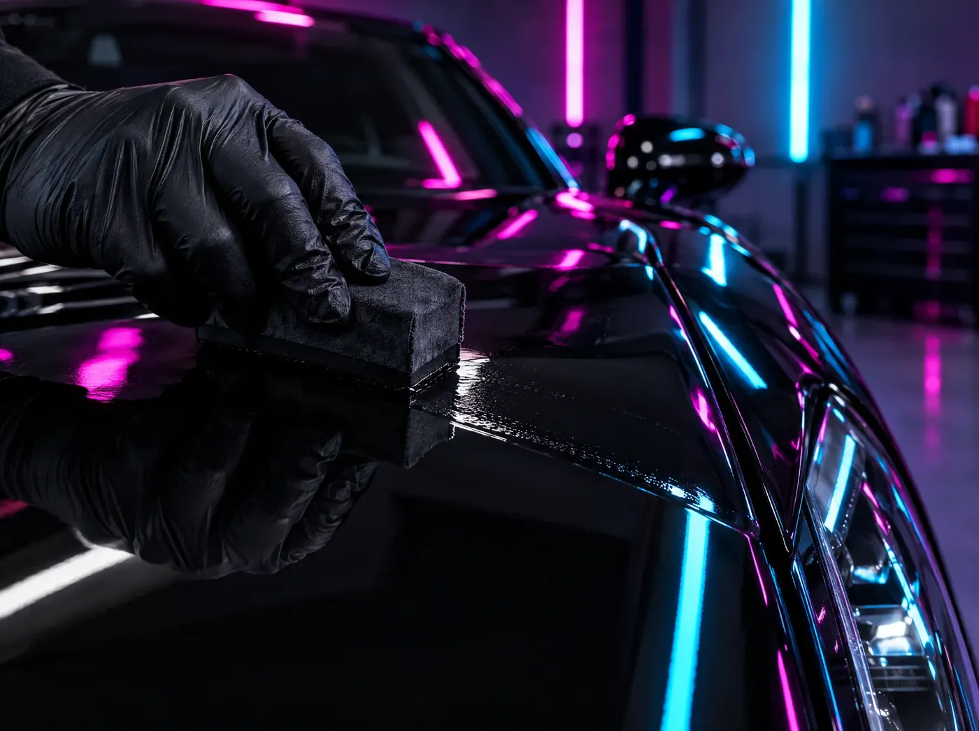 Gloved hand applying ceramic coating with a suede block