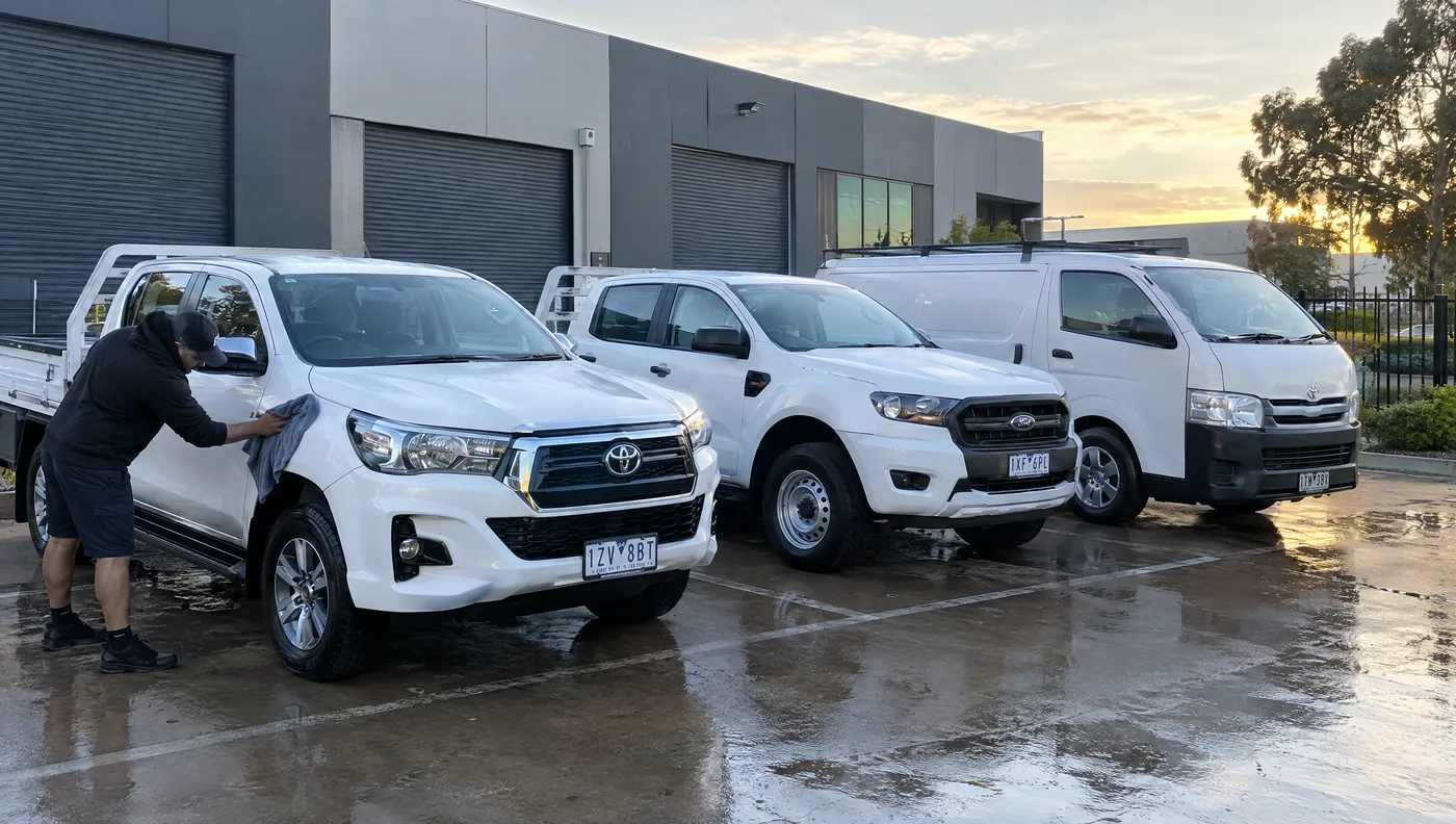 Detailer washing a line of white work utes and a van at a business depot