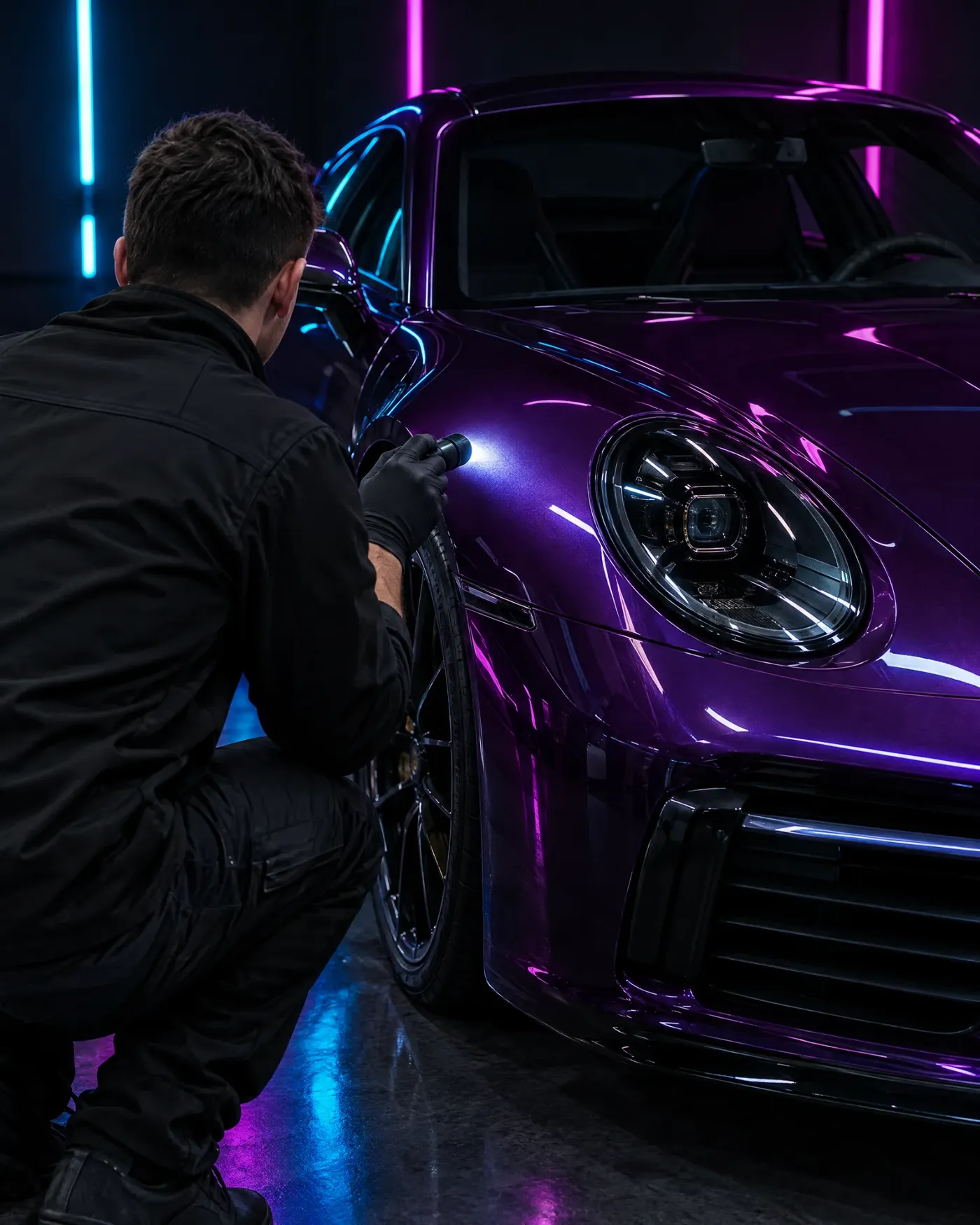 Detailer inspecting paint under an LED torch