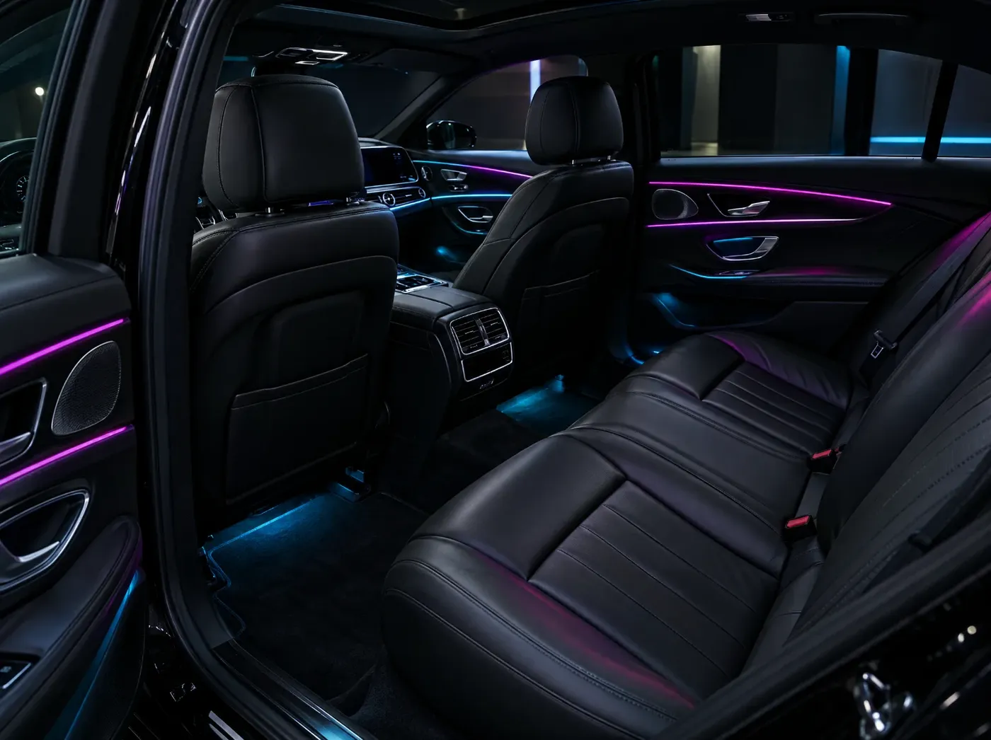 Black leather interior with ambient light