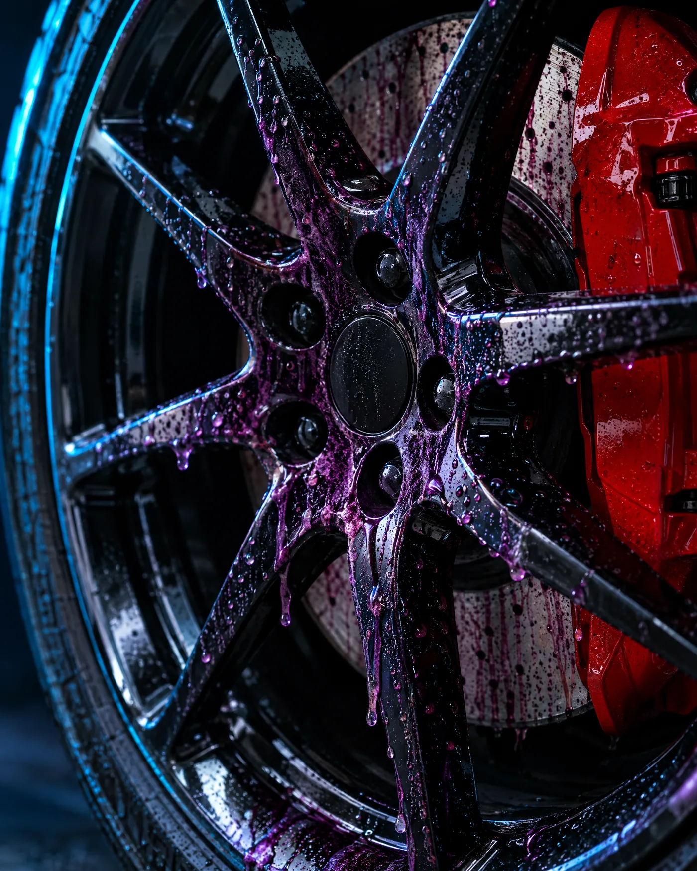 Iron remover bleeding purple on a black alloy wheel