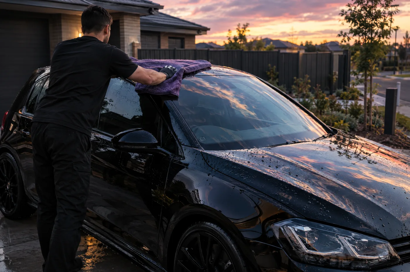 Drying a black hatchback after a maintenance wash