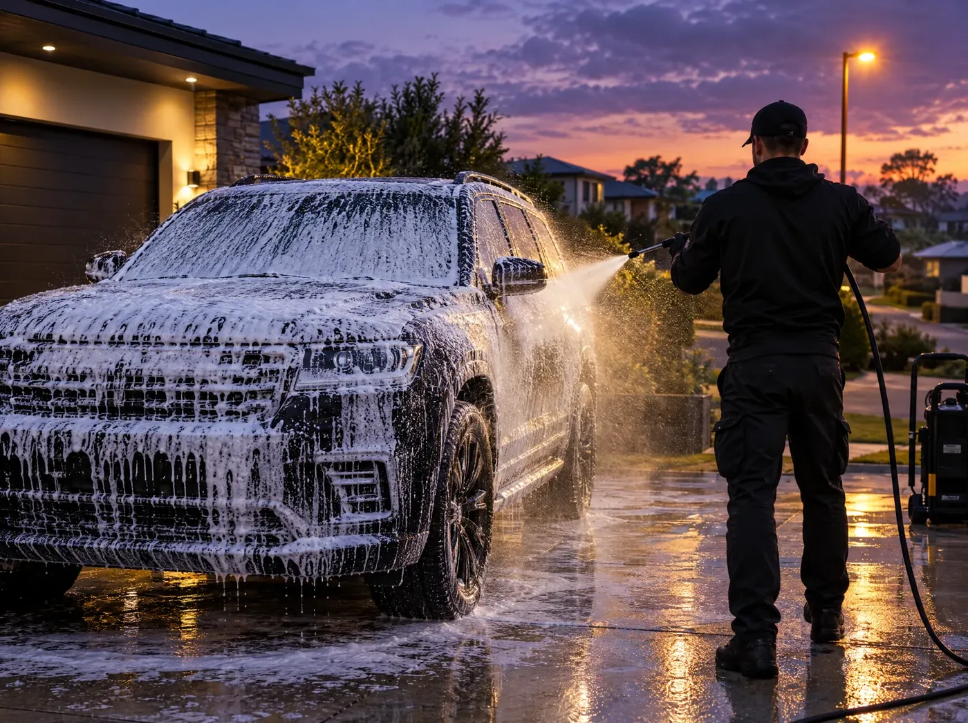 SUV in snow foam in a driveway at dusk