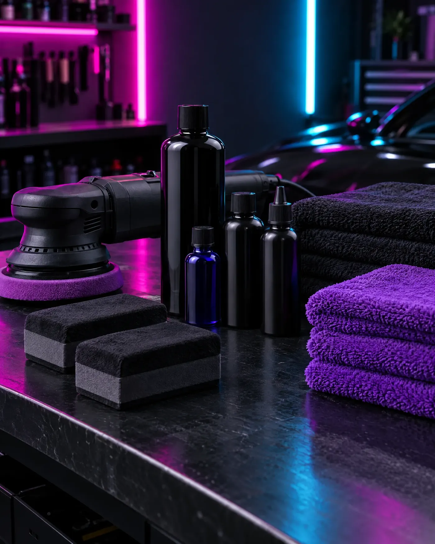 Coating bottles, a polisher and purple microfibre towels on a bench
