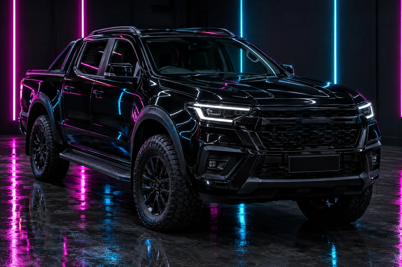 Black dual-cab ute in a studio