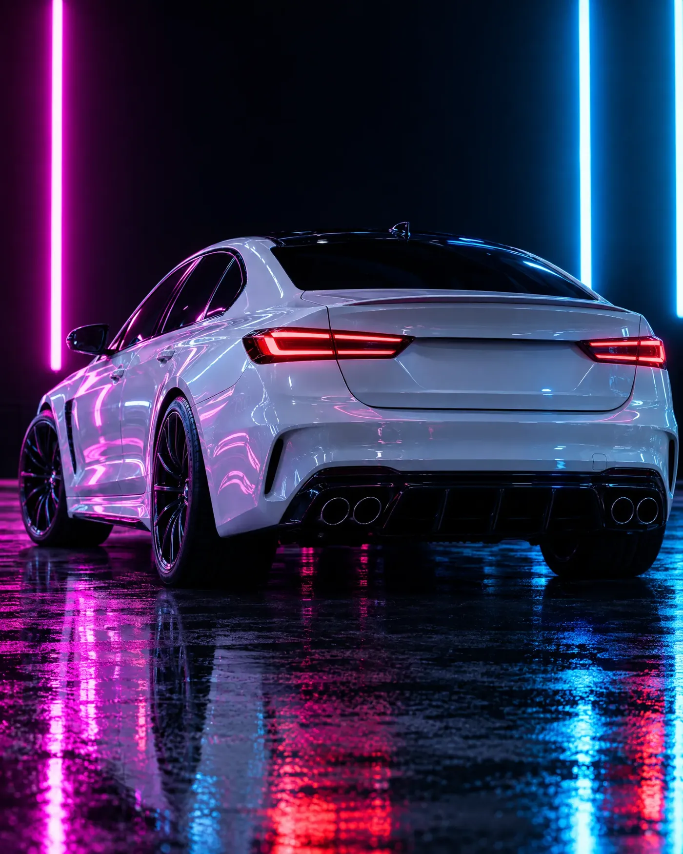 White sedan under magenta and cyan studio light