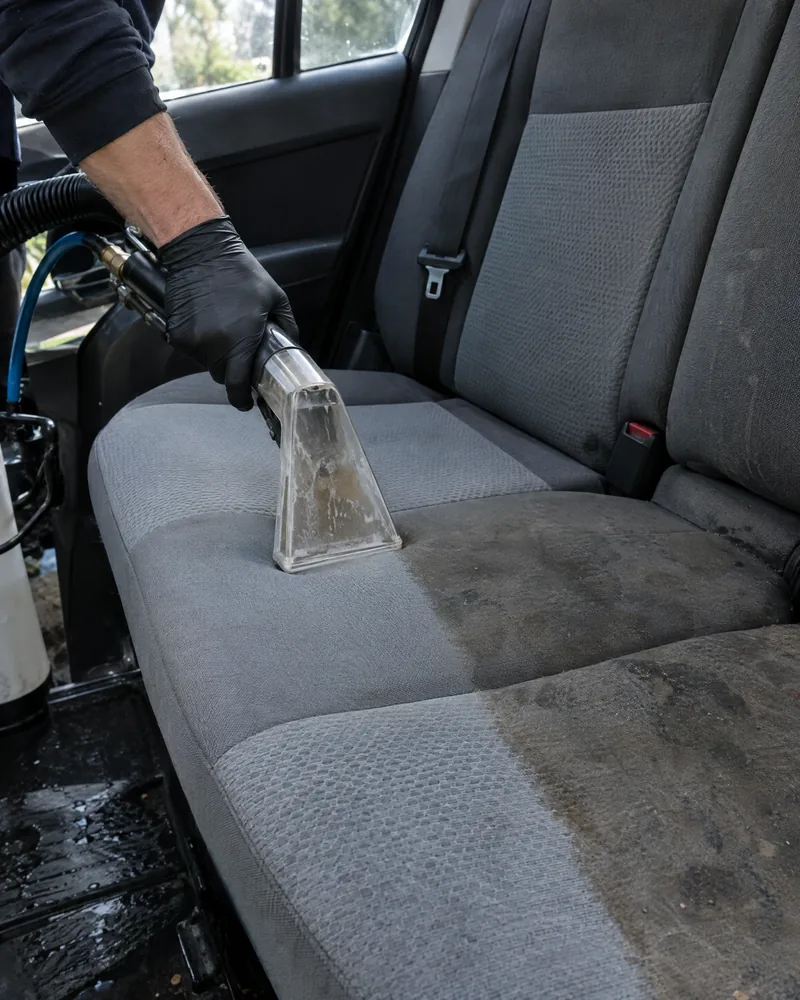Cloth rear seat half cleaned with a hot-water extractor